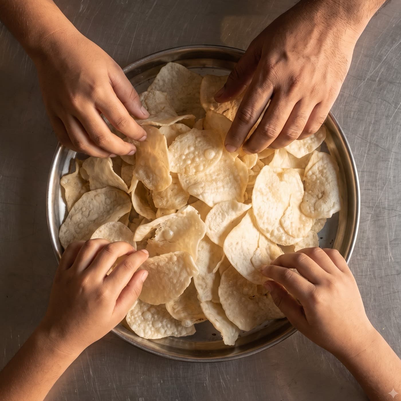 Four hands around a plate of HandCut chips