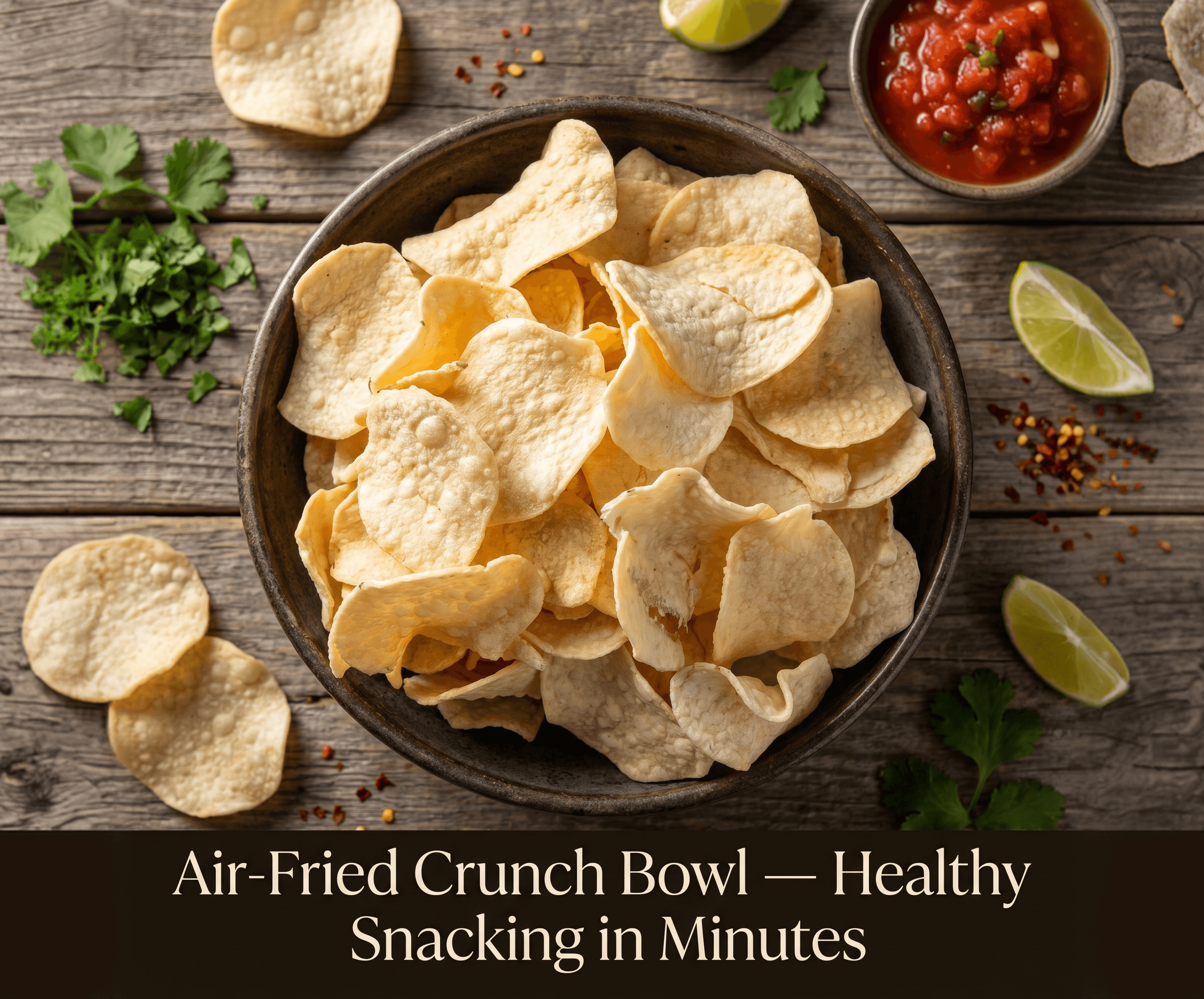 An overhead bowl of air-fried chips with lime and herbs