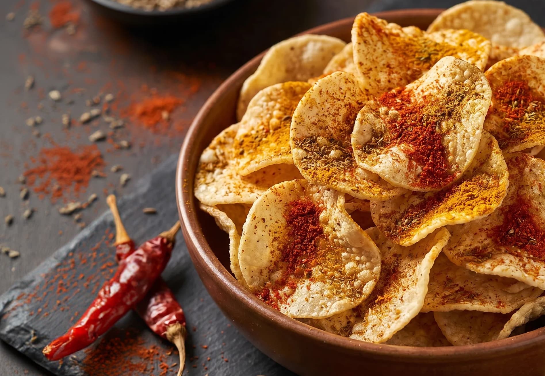 A bowl of fried chips dusted with red masala