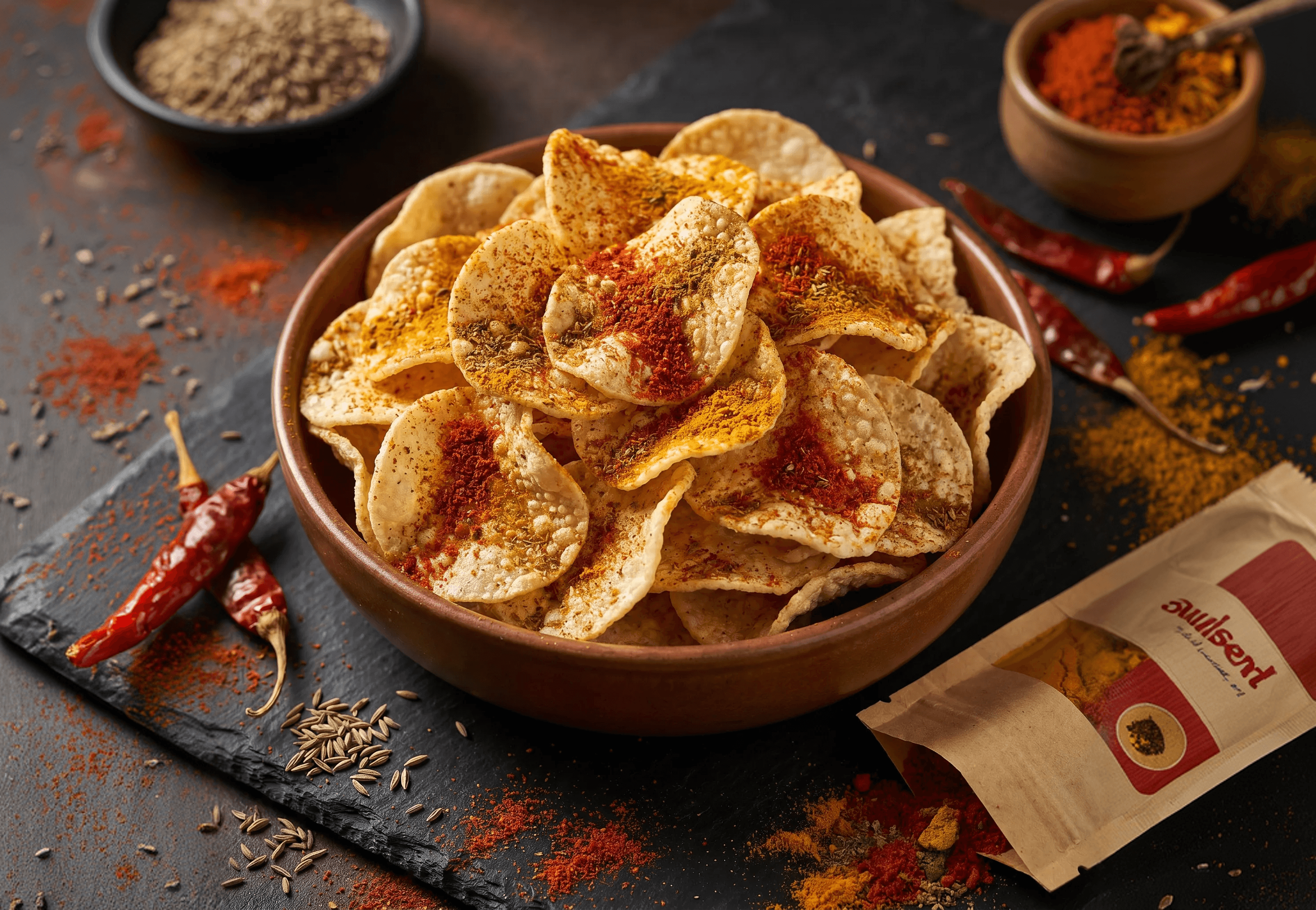 A bowl of golden chips dusted with red masala spices