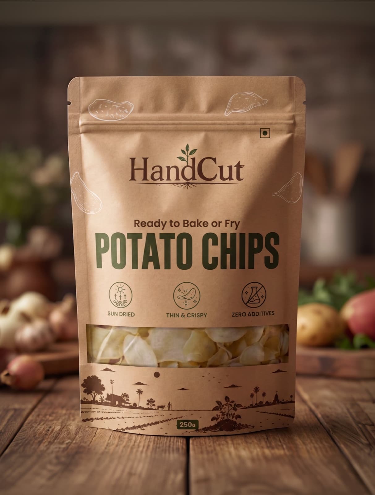 A 250 g HandCut pouch of potato chips on a wooden kitchen table