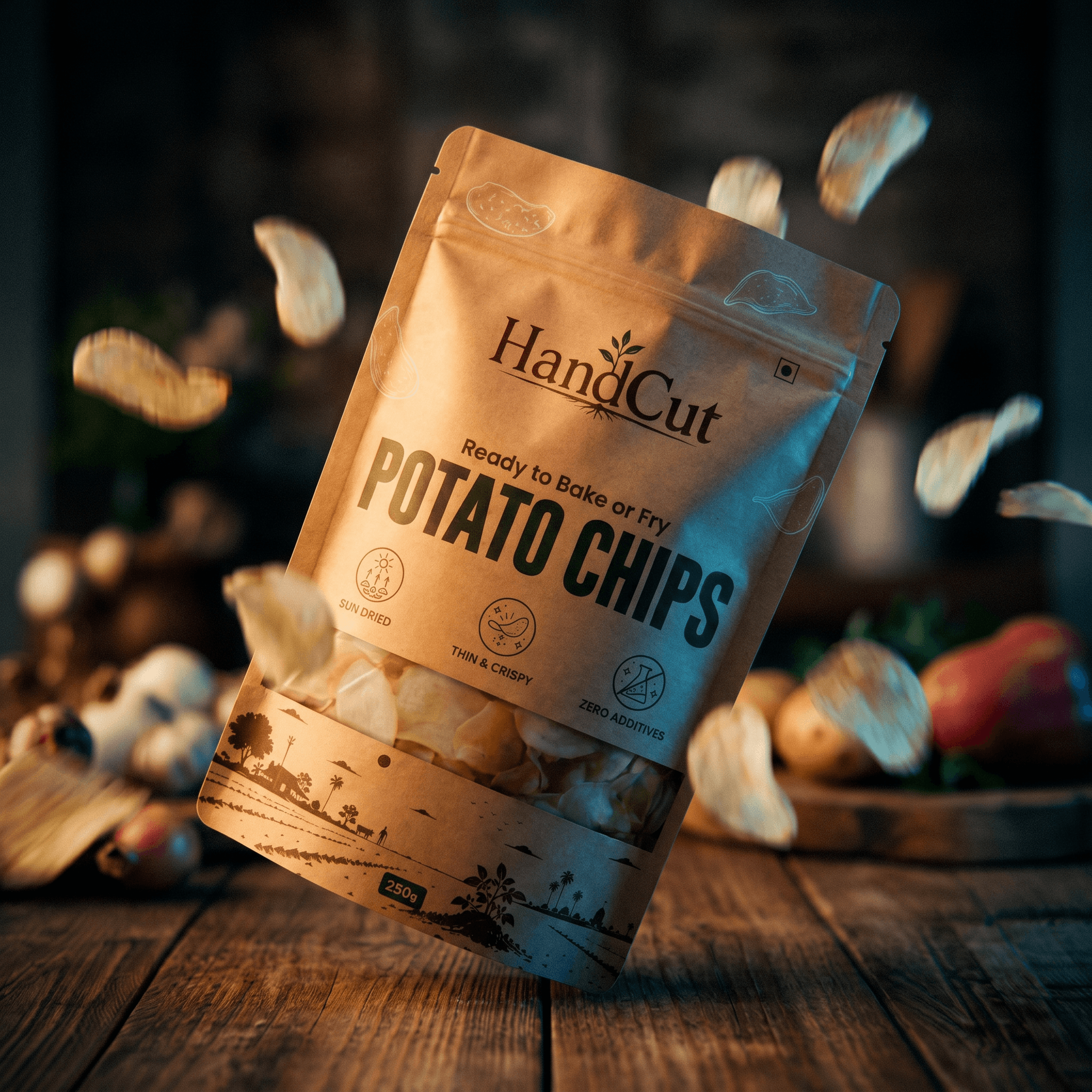 HandCut Potato Chips pouch, cinematic angle