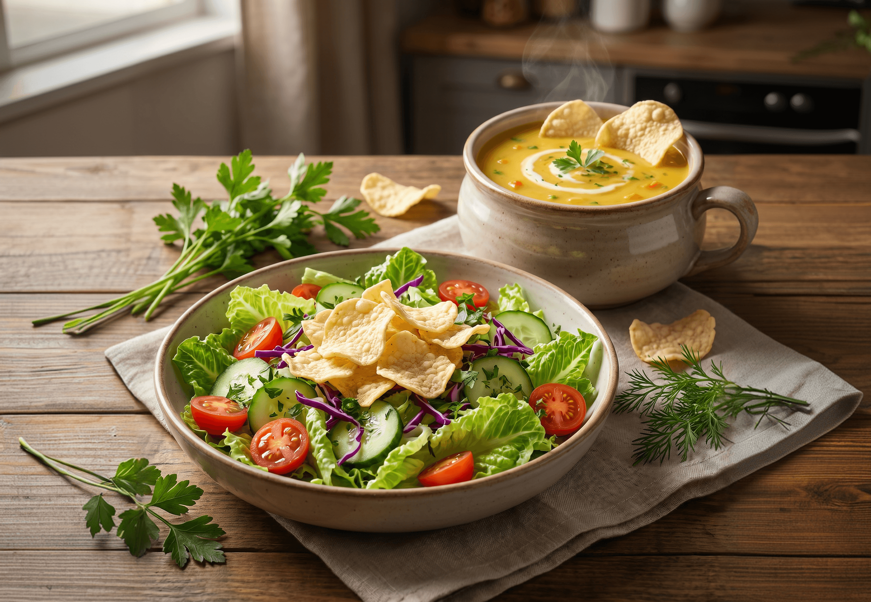 A fresh salad and a bowl of soup garnished with crunchy chips